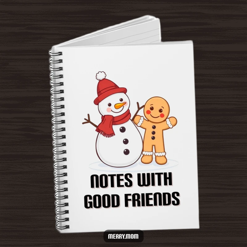 Funny Christmas notebook with a jolly snowman and a waving gingerbread man, perfect for jotting down holiday plans.