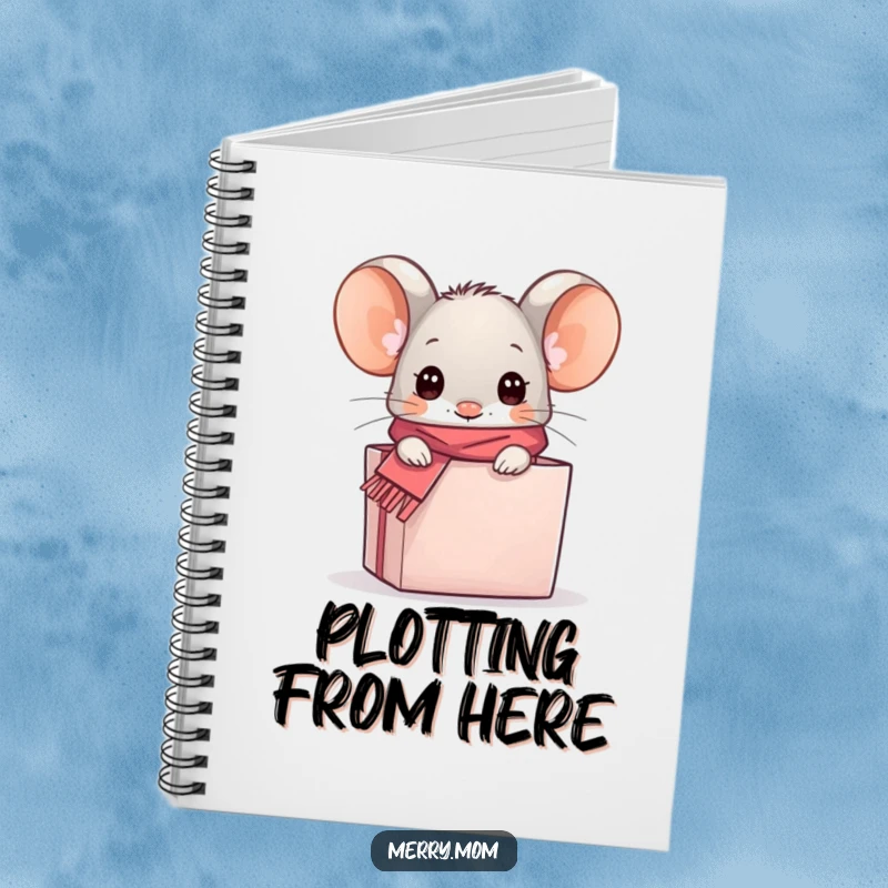 Funny kawaii mouse peeking from a gift box on a notebook cover, inspiring creative thoughts with humor.