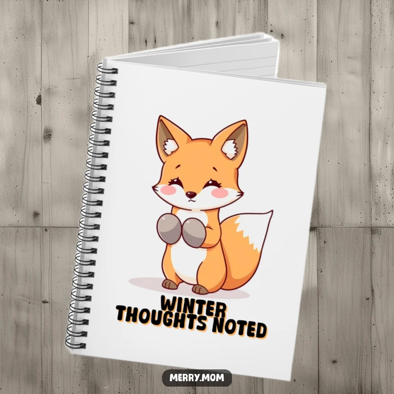 Funny Kawaii Fox Notebook, great for journaling, wearing mittens and shaking snowflakes from its tail for winter inspiration.