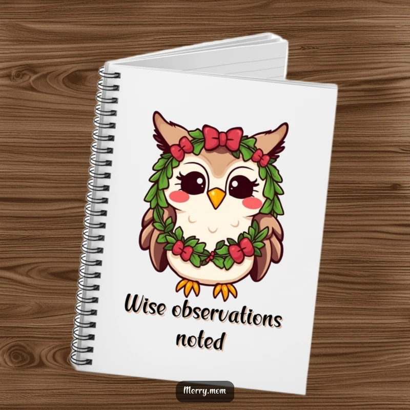 Funny Kawaii Owl Notebook, great for journaling, adorned with a festive wreath and hooting happily for holiday inspiration.