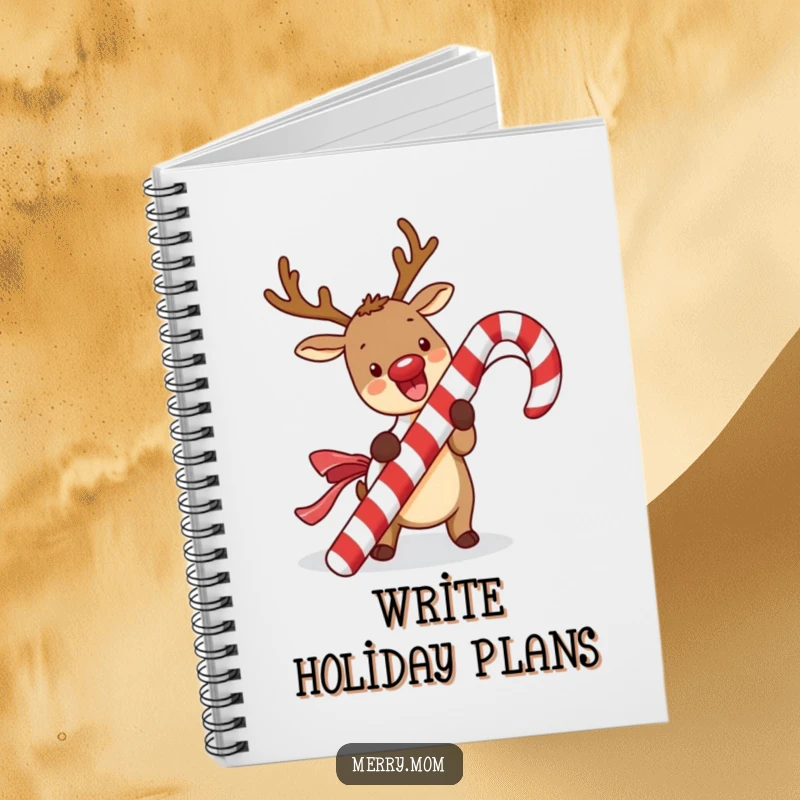 Funny kawaii reindeer notebook with a cute reindeer excitedly unwrapping a giant candy cane, ideal for jotting down festive notes.