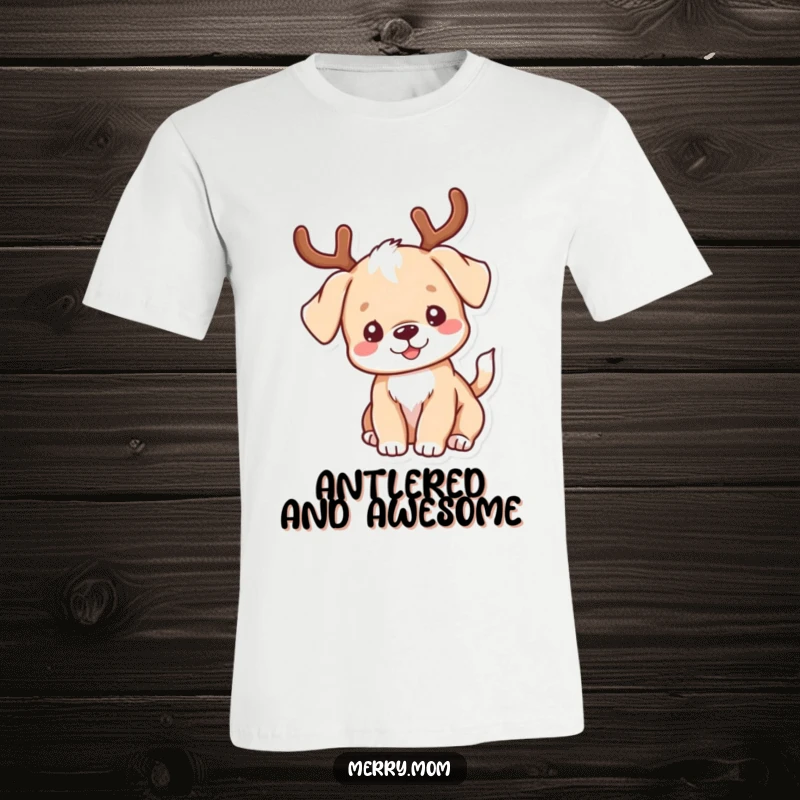 Funny kawaii puppy wearing antlers and wagging its tail on a t-shirt, a cheerful and humorous design.