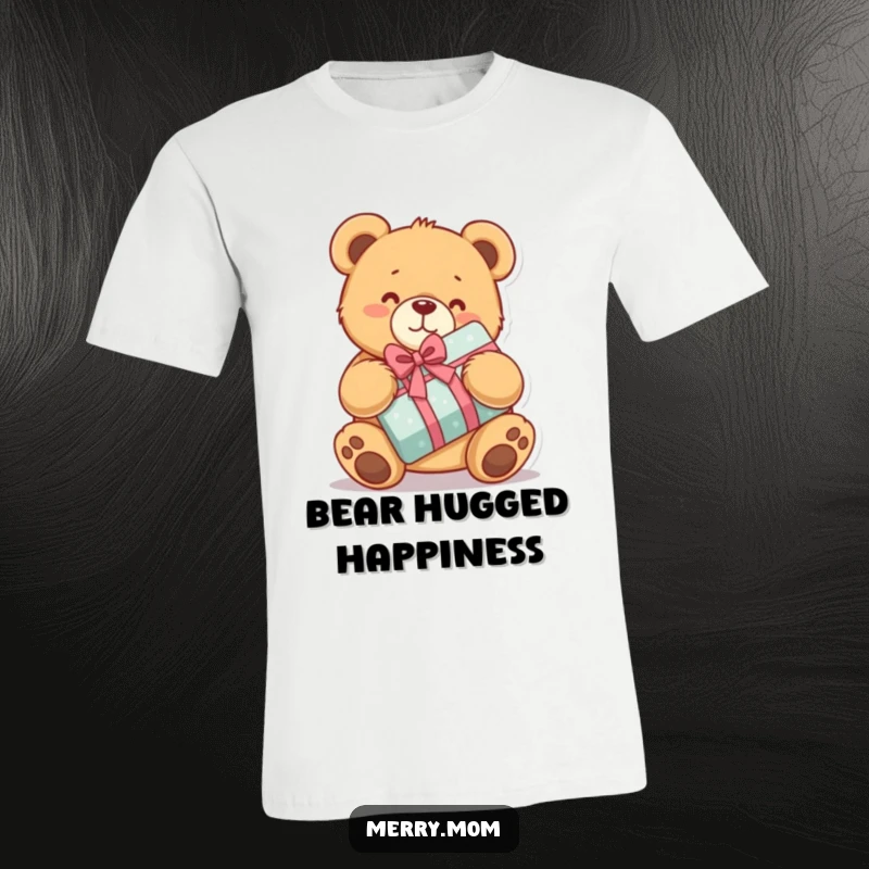 Funny T-shirt featuring a kawaii teddy bear with rosy cheeks, hugging a wrapped present with pure delight.
