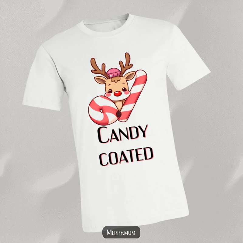 Cute smiling reindeer playfully peeking from behind a giant candy cane on a t-shirt, capturing a sweet and festive holiday moment.