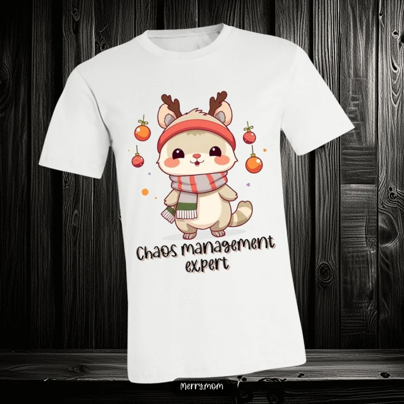 Funny t-shirt depicting a creature in a scarf juggling tiny ornaments, embodying holiday merriment and skill.