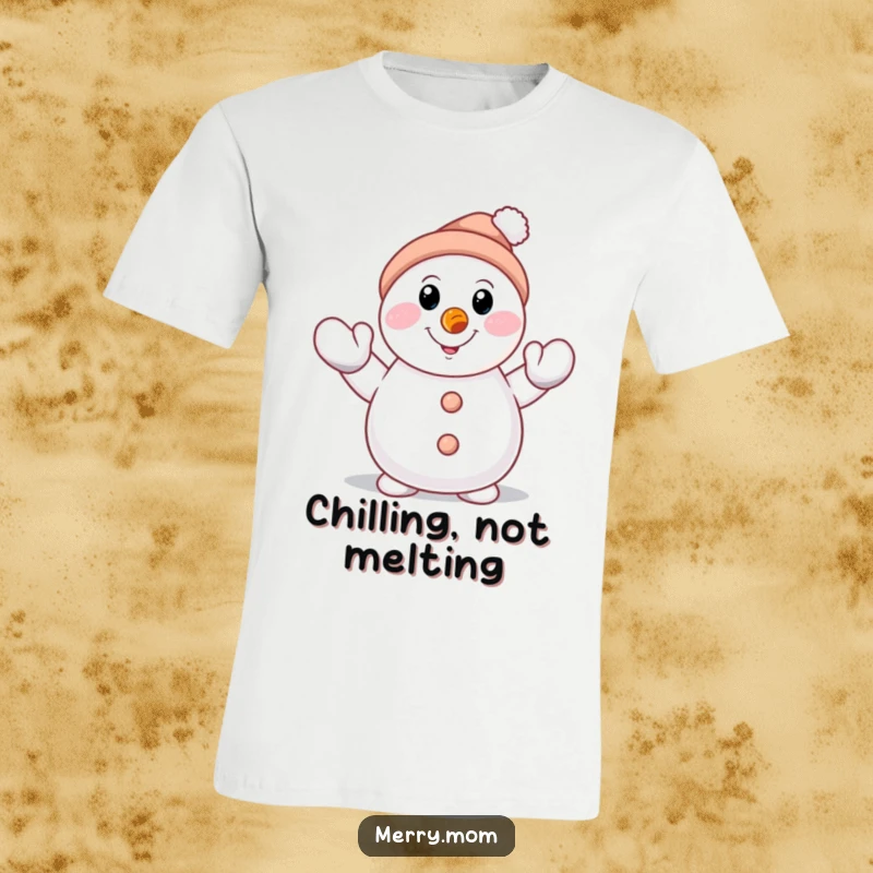 Funny smiling snowman character with carrot nose, waving a mittened hand on a t-shirt, perfect for winter fun.