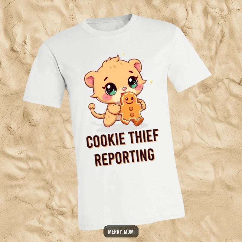 Funny t-shirt with a cute creature showing sparkling eyes, in hot pursuit of a mischievous gingerbread cookie, embodying playful energy.