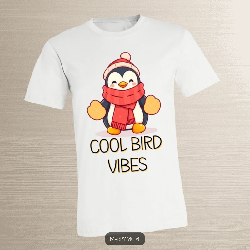Funny Penguin T-Shirt with a cartoon penguin wearing a festive scarf and mittens, ready for winter fun.