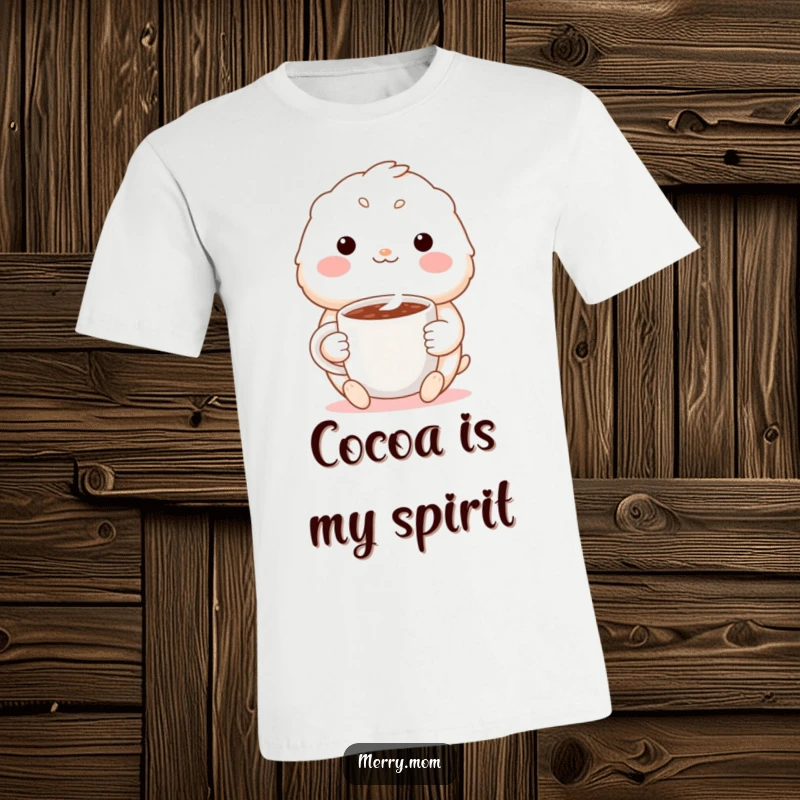 Funny t-shirt featuring a cute creature with a warm smile, happily holding a steaming mug of cocoa, perfect for cozy days.