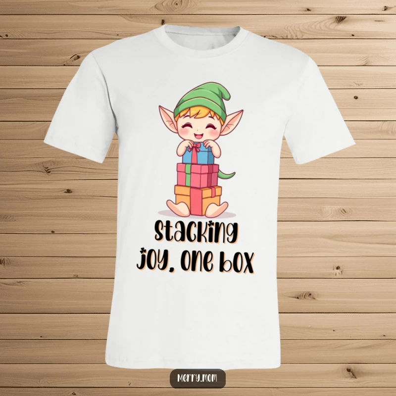 Funny Kawaii elf character joyfully stacking colorful gift boxes on a t-shirt, a hilarious holiday present.