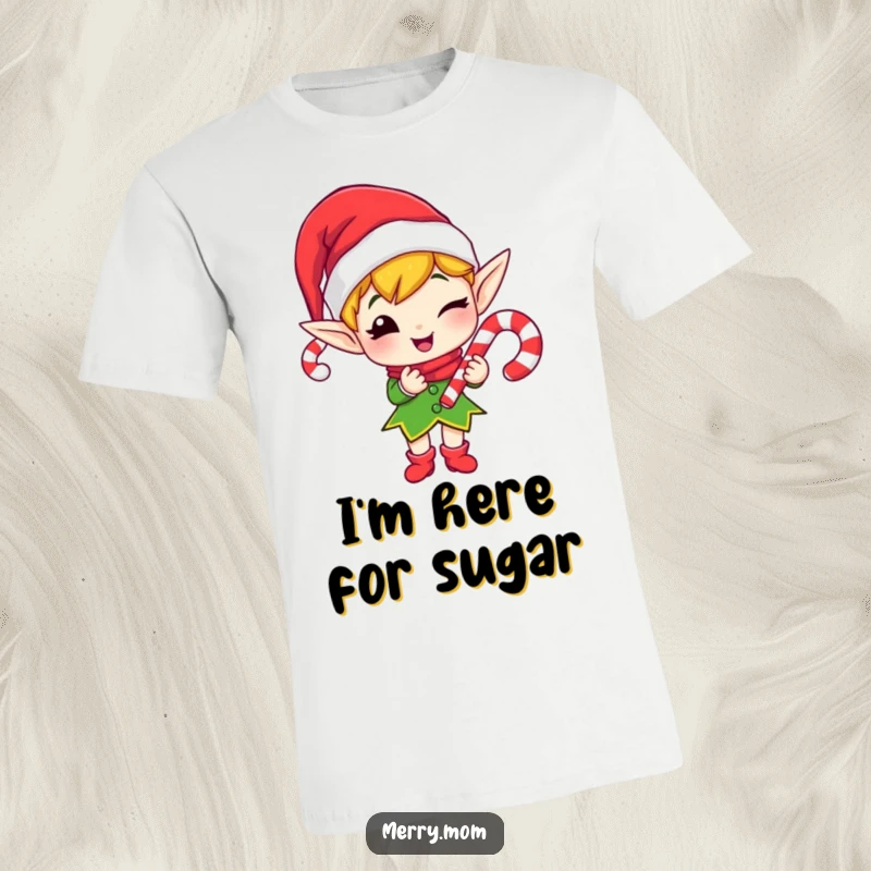 Funny t-shirt with a merry elf winking while gifting a candy cane, embodying festive mischief and charm.