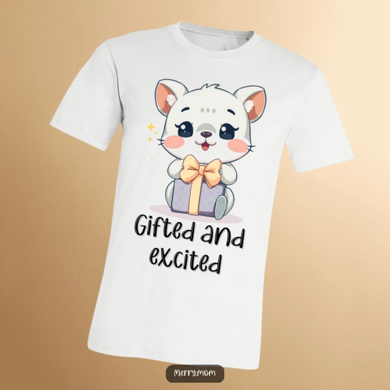 Funny t-shirt of an animal with sparkling eyes, excitedly unwrapping a gift, embodying holiday anticipation.