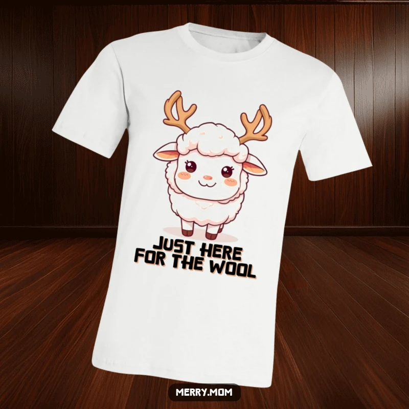 Funny fluffy sheep wearing reindeer antlers and smiling brightly, printed on a comfortable t-shirt, perfect for Christmas.