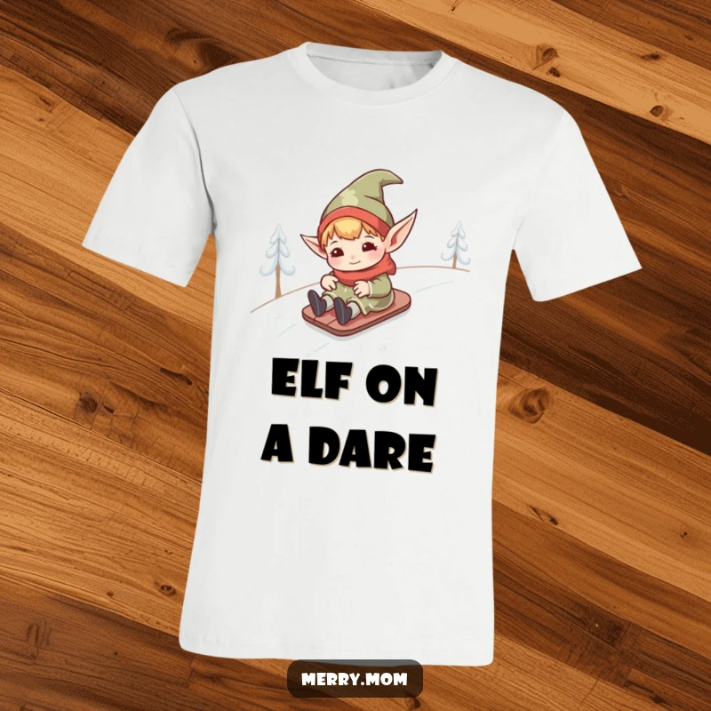 Funny kawaii elf with pointed ears gleefully sliding down a snow-covered hill, a humorous and cute winter scene.