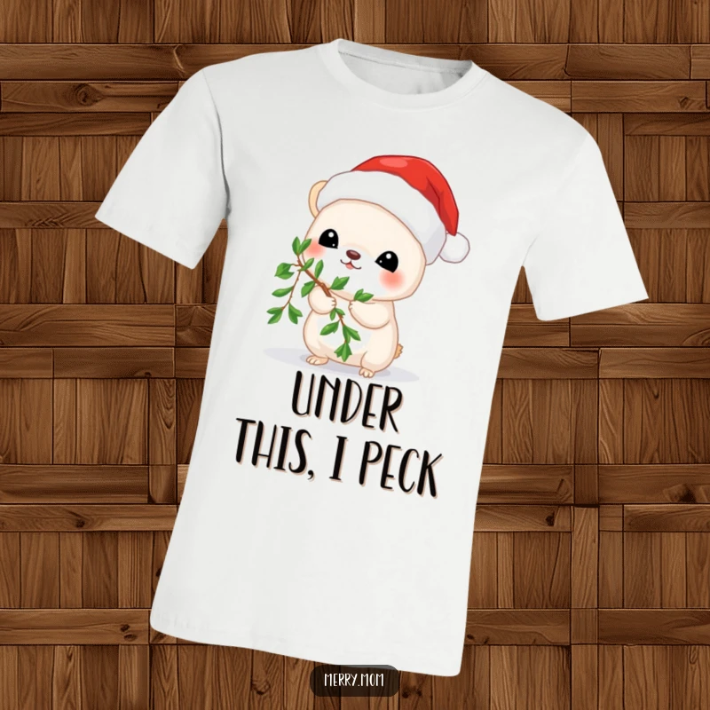 Funny t-shirt showcasing a small animal wearing a Santa hat and holding mistletoe, embodying Christmas spirit.
