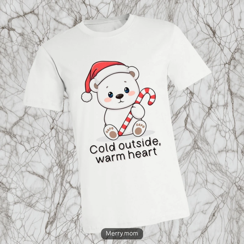 Funny Christmas t-shirt showcasing a cute polar bear in a Santa hat, extending a candy cane with a heartwarming gesture.