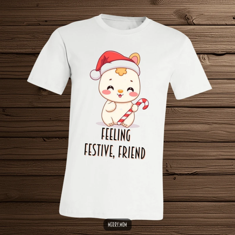 Funny t-shirt featuring a cheerful animal wearing a Santa hat and holding a candy cane, perfect for Christmas lovers.