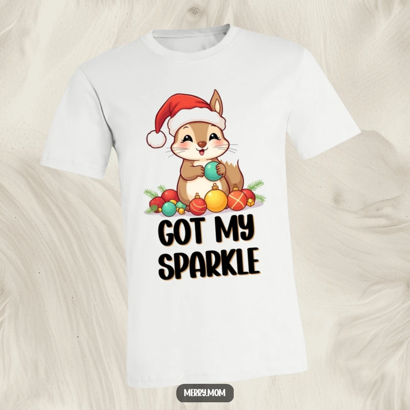Funny T-shirt showcasing a kawaii squirrel in a Santa hat, adorably hoarding sparkling Christmas ornaments.