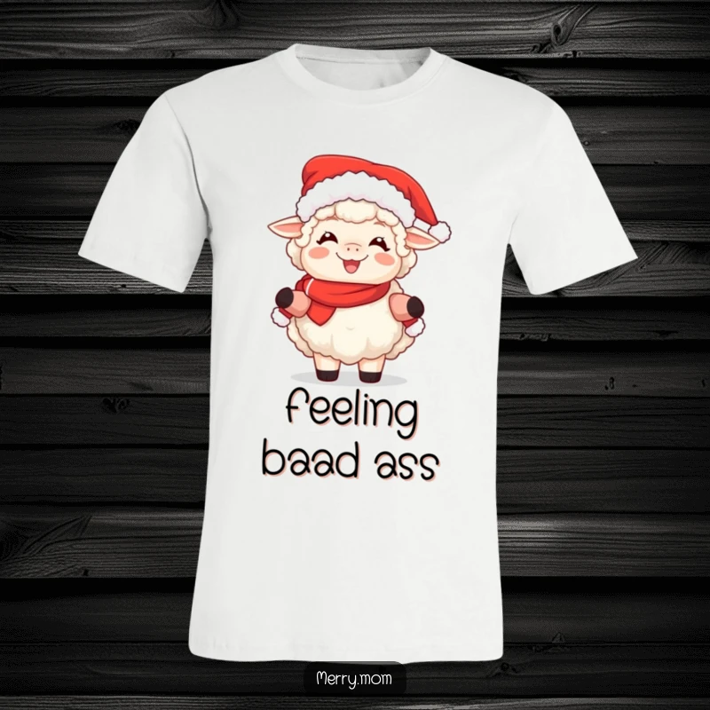 Funny t-shirt featuring a fluffy sheep playfully dressed as Mrs. Claus, radiating infectious joy.
