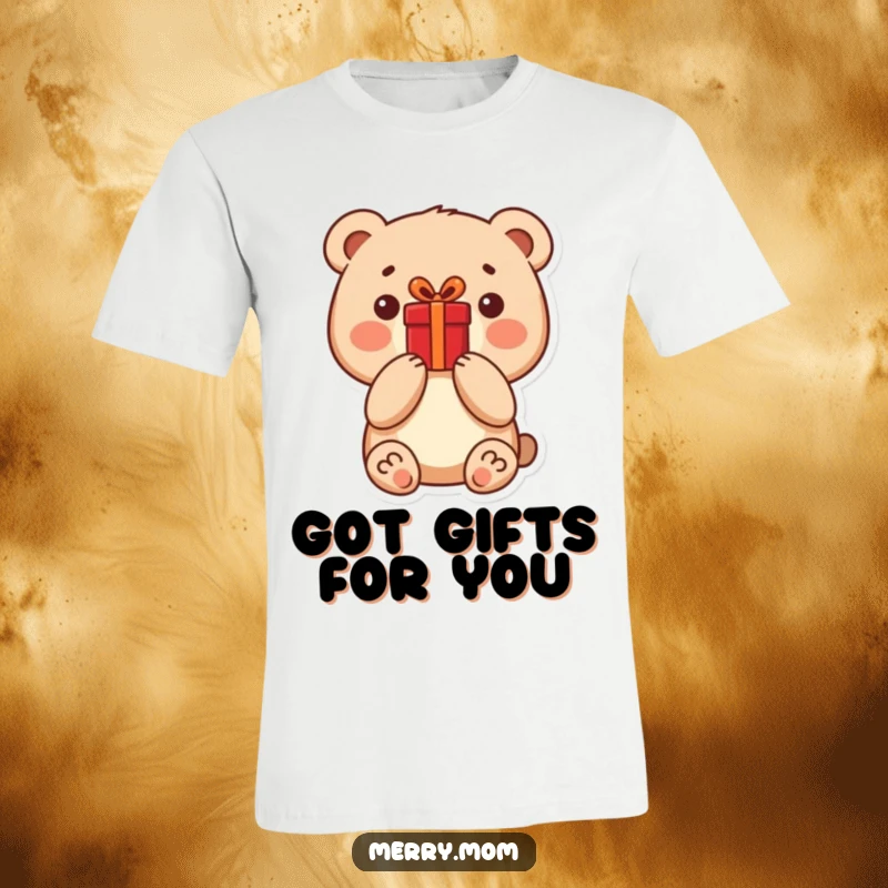 A funny little bear carrying a bright red present, showcased on a comfortable t-shirt, perfect for gift-givers.