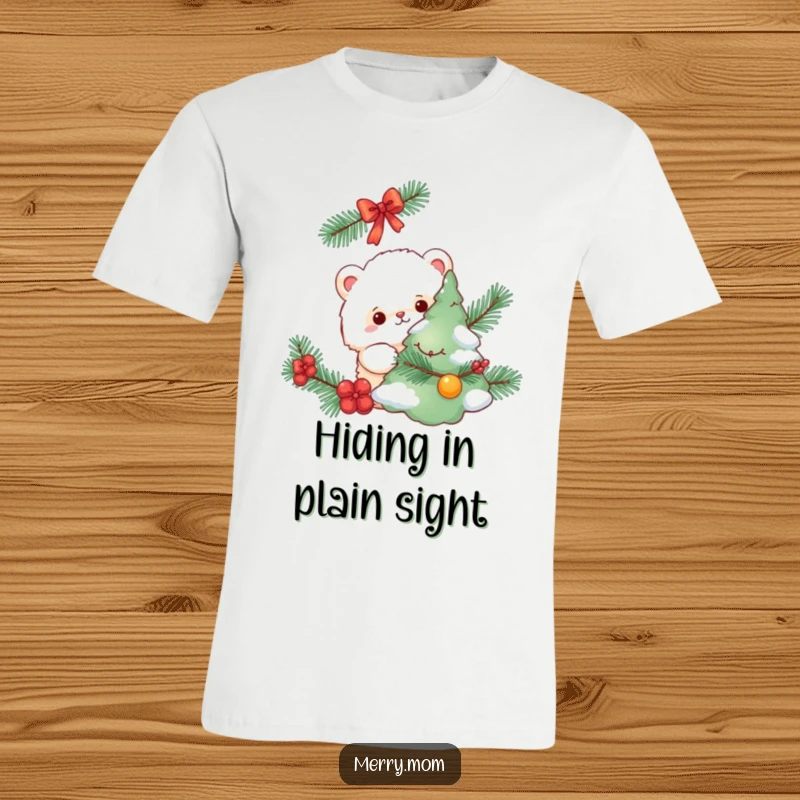Funny t-shirt, fluffy creature peeking from behind a decorated pine tree, holiday hide-and-seek design.