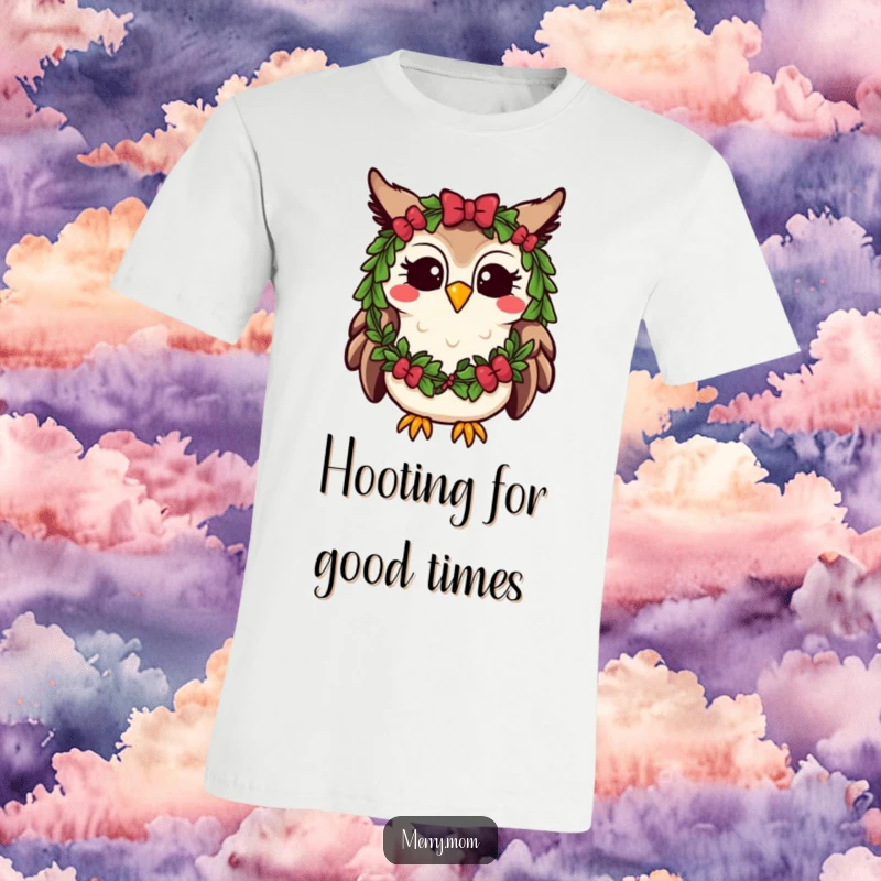 Funny Kawaii Owl T-Shirt featuring a festive wreath and a happy hoot, perfect for holiday occasions.