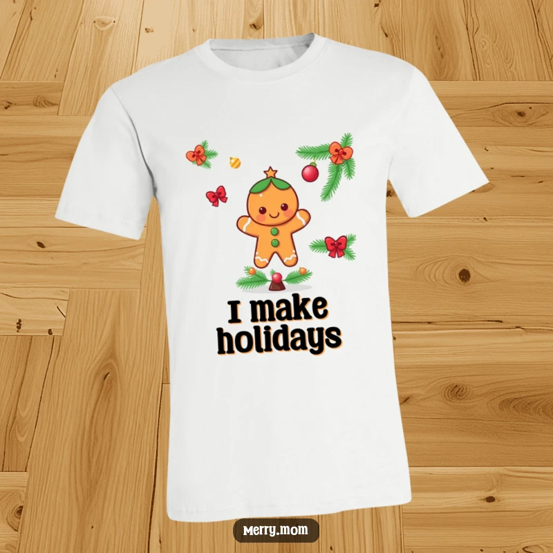Funny t-shirt featuring a cheerful gingerbread man character decorating a festive Christmas tree, embodying holiday spirit.