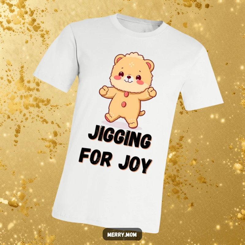 Funny t-shirt showcasing a fluffy animal in gingerbread costume doing a happy jig, embodying festive merriment.