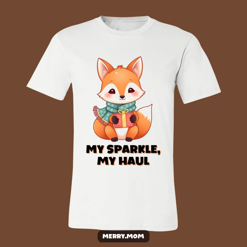 Funny Festive Fox T-Shirt: Sparkly Scarf Fox with Gift, Hilarious Holiday Apparel Gift