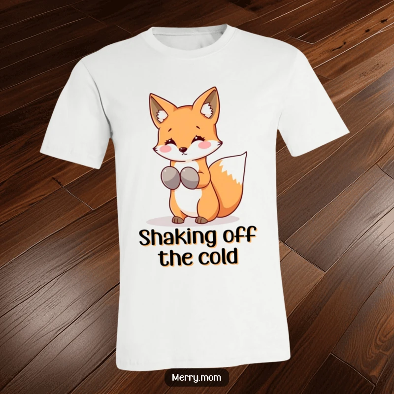 Funny Kawaii Fox T-Shirt featuring mittens and shaking snowflakes from its tail, embodying winter fun and charm.