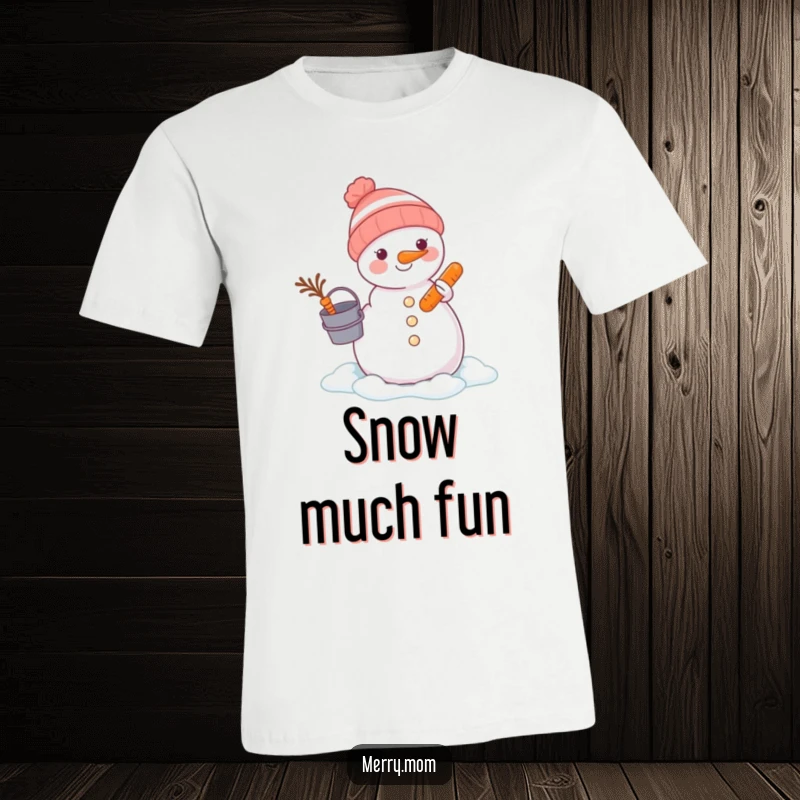 Funny animal using a bucket and carrot to build a snowman on a t-shirt, celebrating winter creativity humorously.