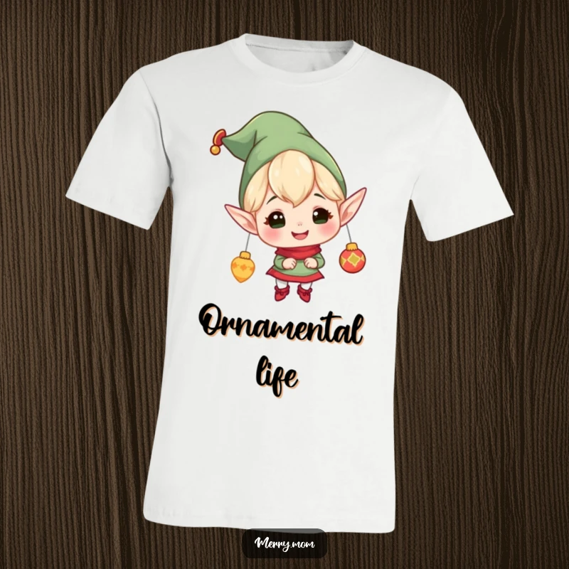 Funny t-shirt graphic of a cheerful elf with pointy ears, happily hanging shiny ornaments, radiating pure holiday decorating enthusiasm.