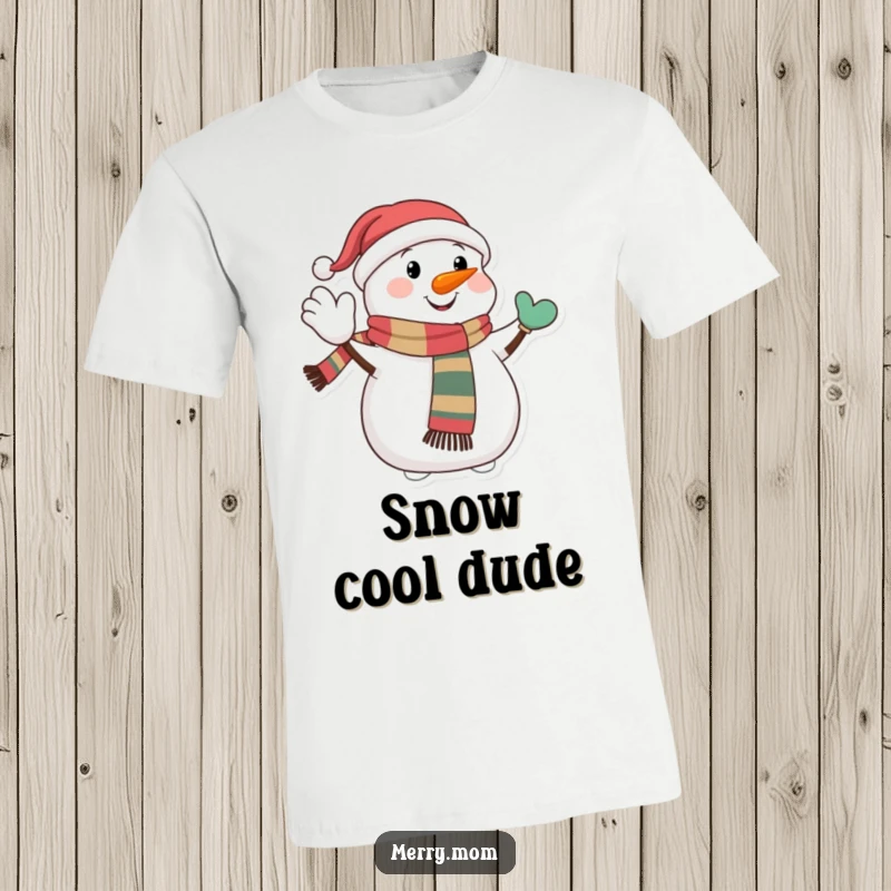 Funny t-shirt graphic of a happy snowman with a festive scarf, giving a jolly wave, embodying warmth and winter joy.