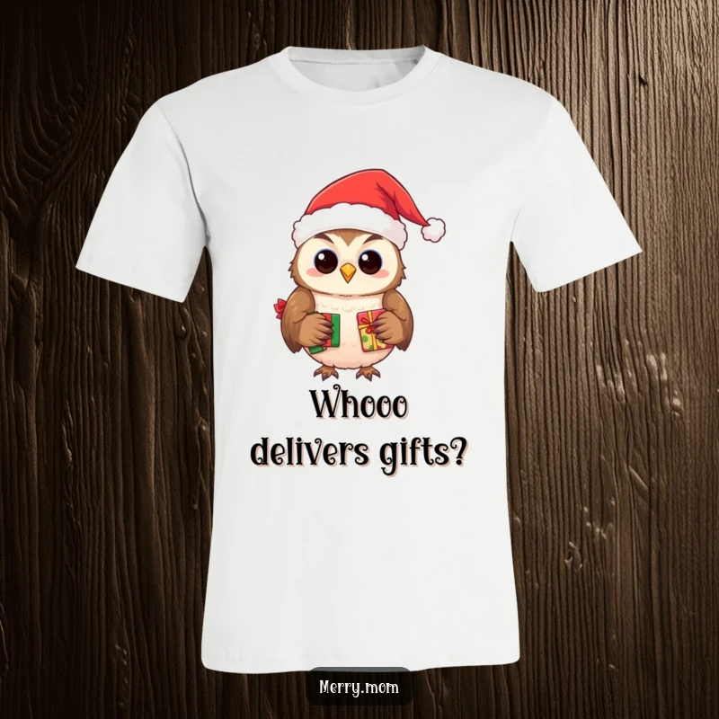 Funny t-shirt with a smiling owl in a cozy Santa hat, delivering presents with a wise demeanor.