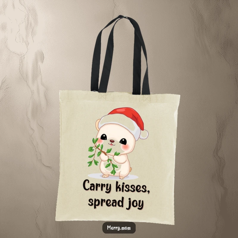 Funny tote bag showcasing a cute animal wearing a Santa hat and holding mistletoe, perfect for holiday shopping.