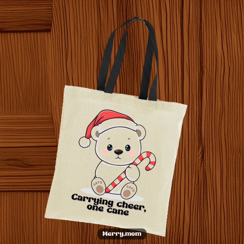 Funny Christmas tote bag with a cute polar bear in a Santa hat, holding out a candy cane, perfect for holiday shopping.