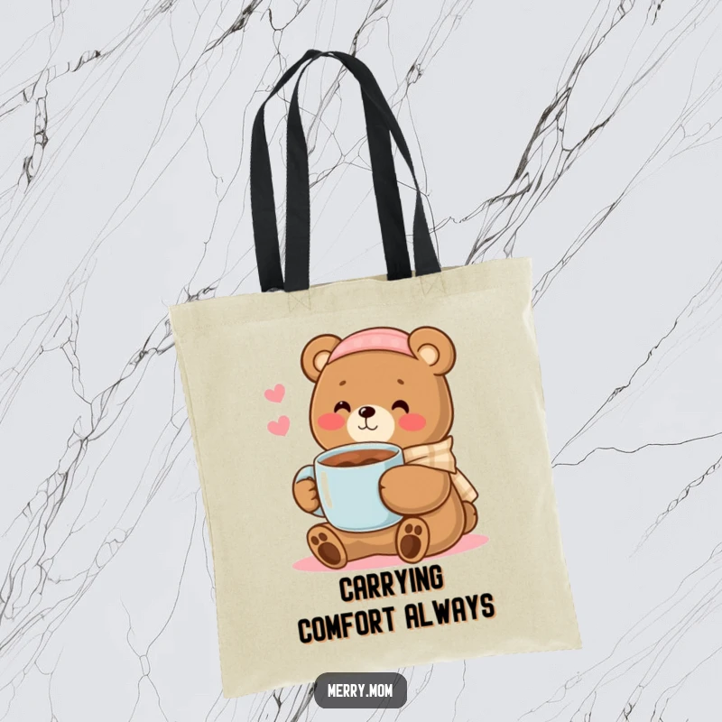 Kawaii bear mom character offering a mug of cocoa, a charming and humorous tote bag for carrying cozy essentials.