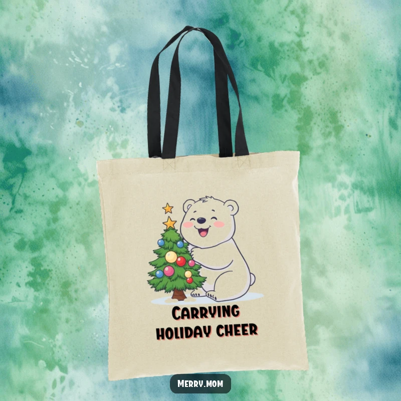 Funny Polar Bear Tote Bag showing a joyful polar bear constructing a small, decorated Christmas tree.