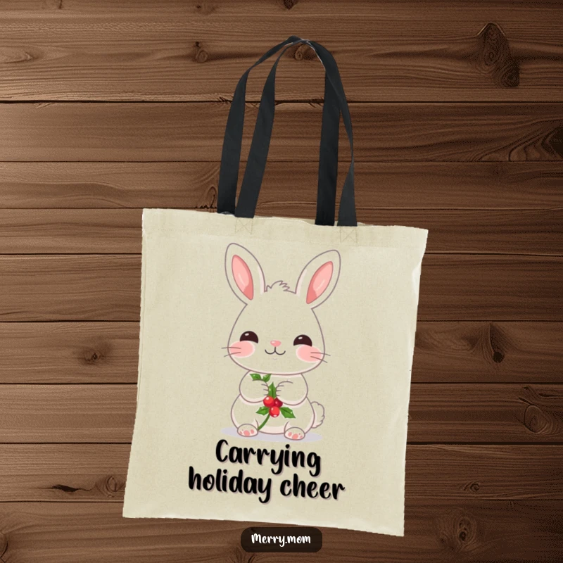 Funny tote bag featuring a kawaii bunny with rosy cheeks, holding a sprig of holly, a delightful holiday companion.