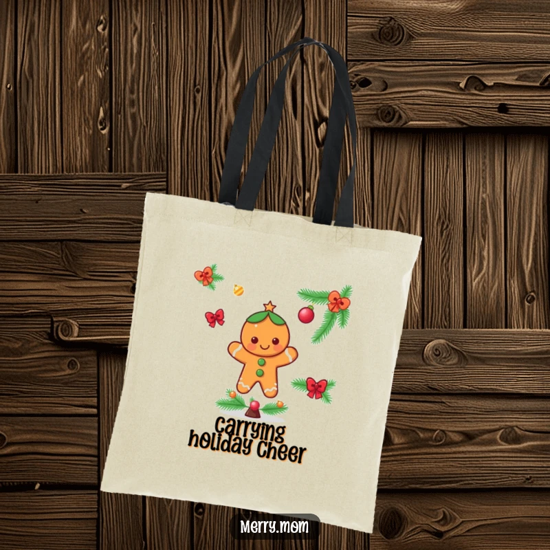 Funny tote bag with a cheerful gingerbread man character decorating a festive Christmas tree, perfect for holiday shopping.