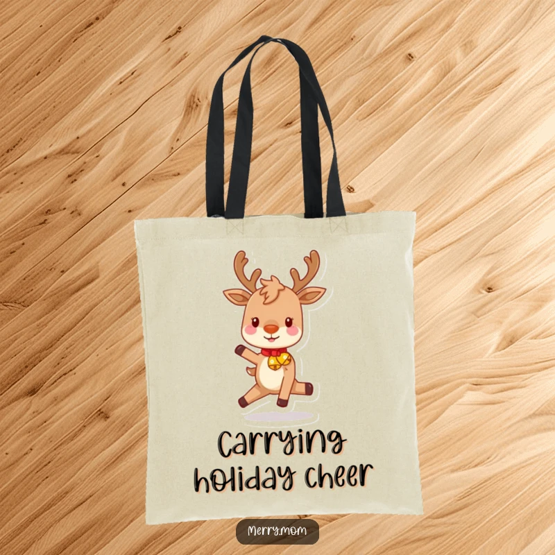 Funny tote bag showcasing a playful reindeer with rosy cheeks, prancing festively with jingling bells, ready to carry holiday cheer and essentials.