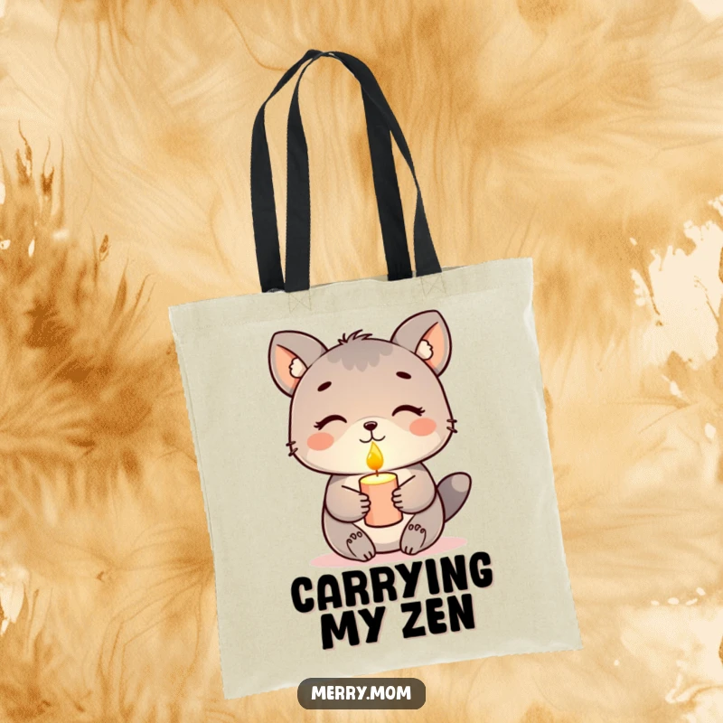 Funny tote bag, animal holding a glowing candle with a peaceful expression, serene and functional accessory.
