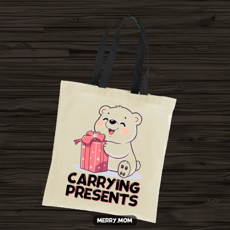 Funny tote bag showcasing a happy polar bear character joyfully unwrapping a sparkly gift, ready to carry holiday cheer and essentials.