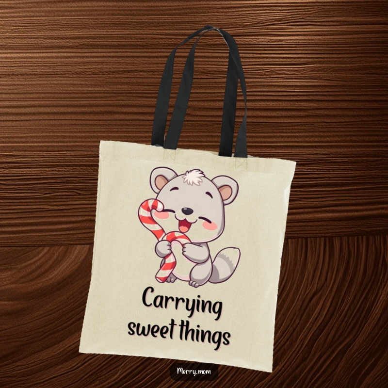 Funny tote bag, animal holding a candy cane and winking, festive and humorous accessory.