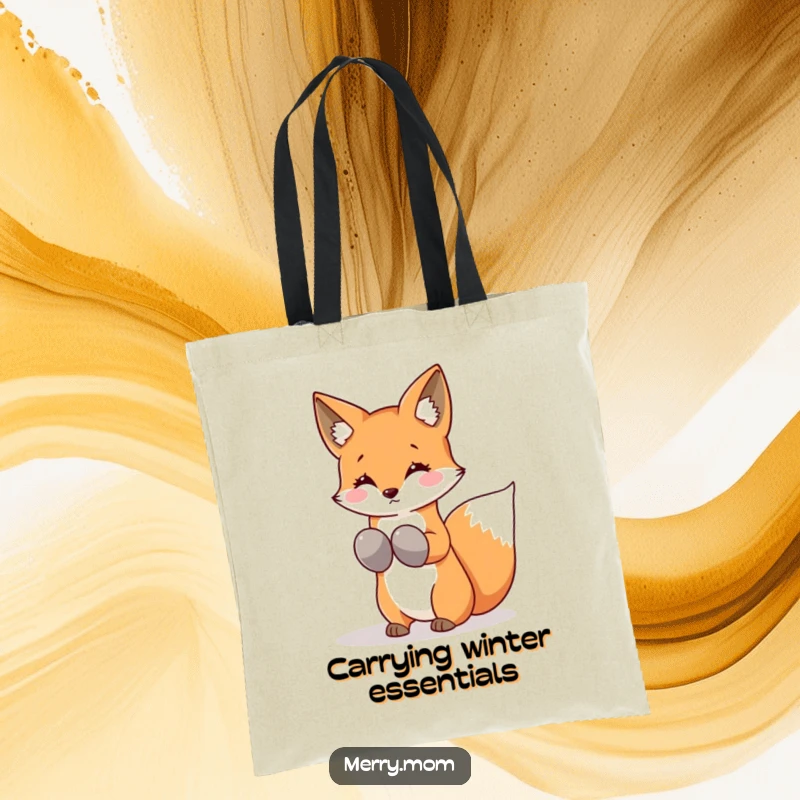 Funny Kawaii Fox Tote Bag, decorated with mittens and snowflakes trailing from its tail, ideal for winter trips.