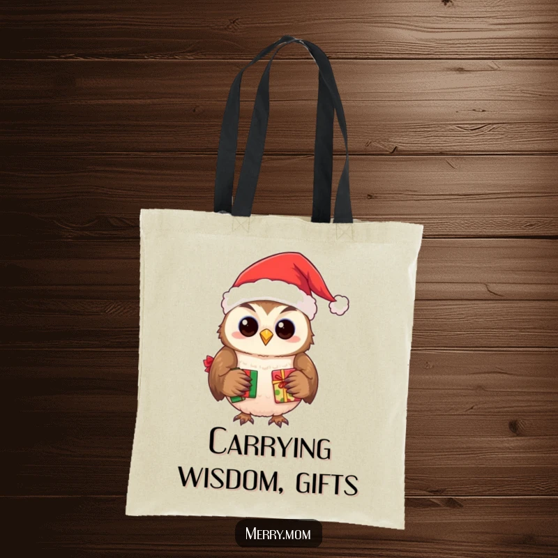 Funny tote bag with a smiling owl wearing a Santa hat, delivering holiday presents.