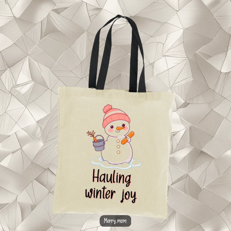 Funny animal with bucket and carrot constructing a snowman on a tote bag, perfect for carrying winter day essentials.