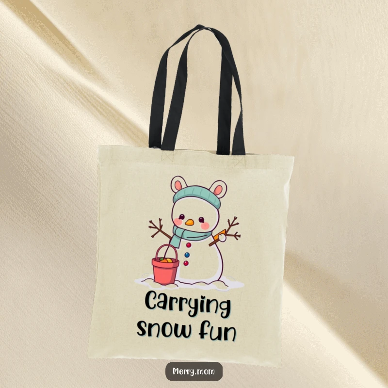 Funny Tote Bag: A cute animal using a bucket and carrot to build a snowman, perfect for winter errands.