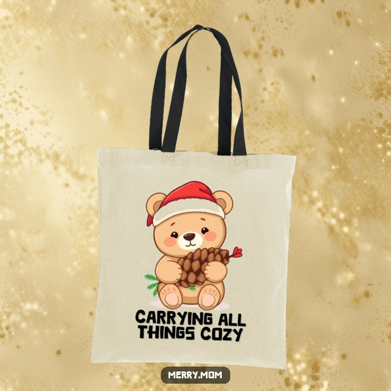 Funny tote bag with a cuddly bear in a Santa hat, hugging a pine cone, perfect for holiday shopping.