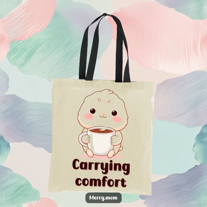 Funny tote bag with a cute creature offering a warm smile while holding a steaming mug of cocoa, perfect for carrying daily items.
